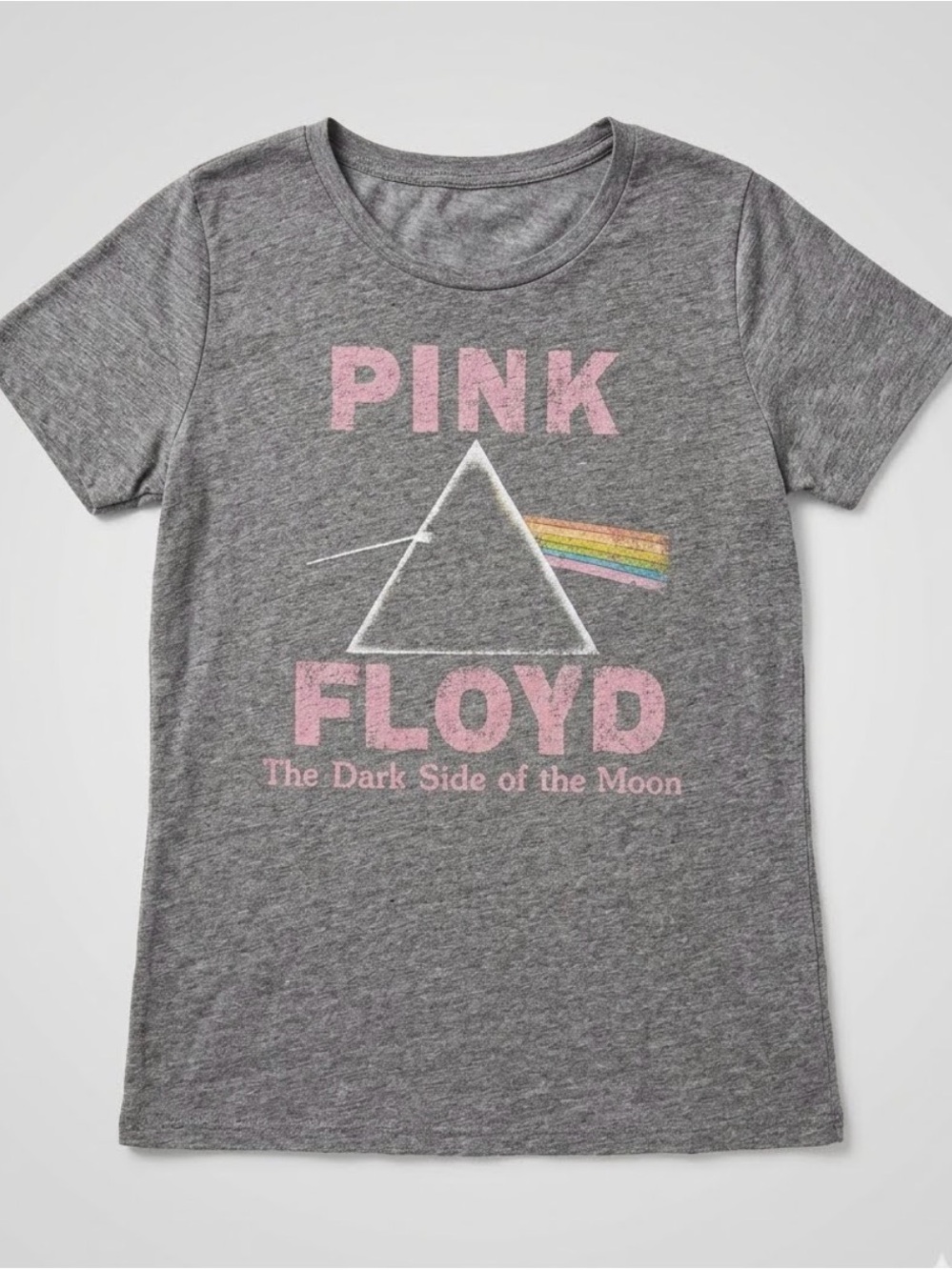 Pink Floyd Gray Tee with Pink Logo and Rainbow Prism Graphic